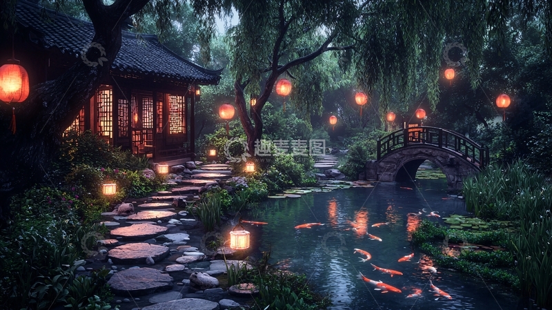 高清大图下载【趣麦麦图】日式庭院夜景灯笼小溪