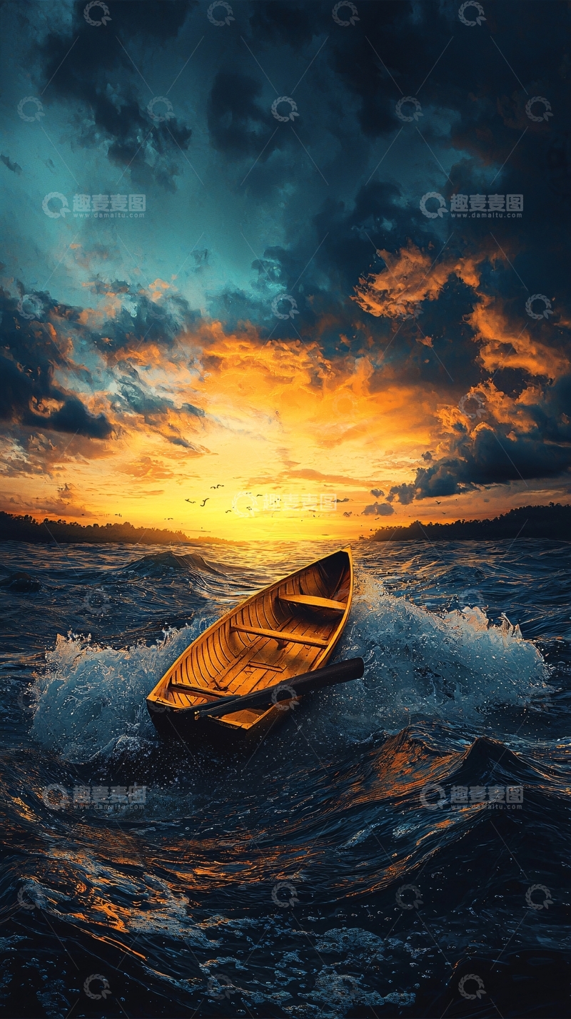 高清大图下载【趣麦麦图】夕阳下海面上的小船