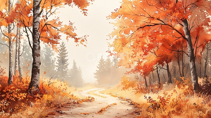 高清大图下载【趣麦麦图】秋日森林小路水彩画