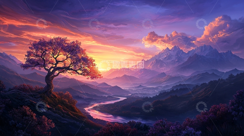 高清大图下载【趣麦麦图】梦幻山景日落