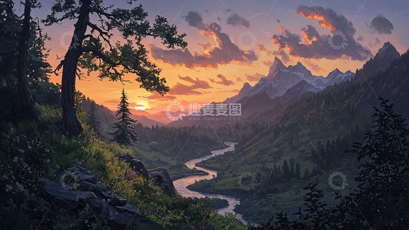 高清大图下载【趣麦麦图】山谷中的日落景色