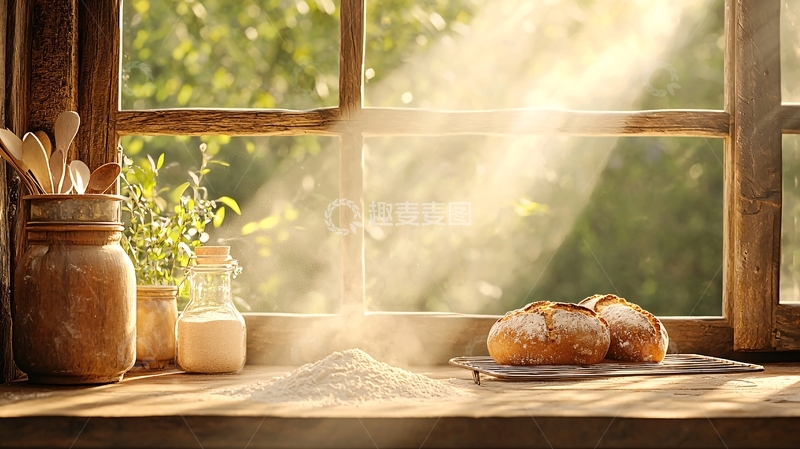 高清大图下载【趣麦麦图】阳光透过窗户照在面包上