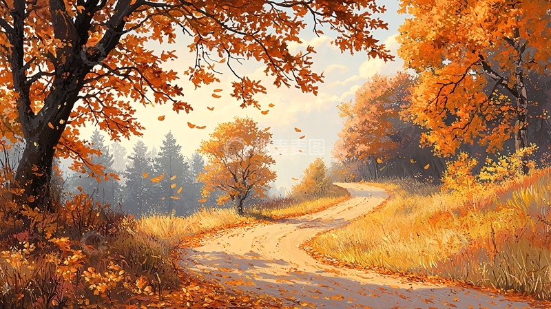 高清大图下载【趣麦麦图】秋日森林小路暖色调油画