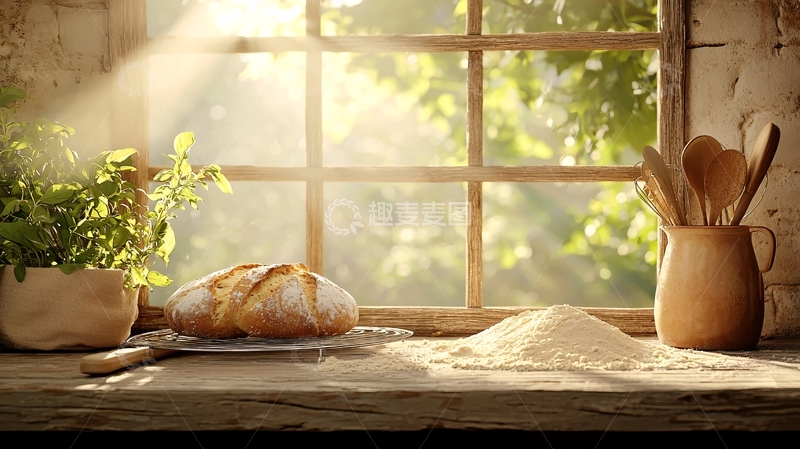 高清大图下载【趣麦麦图】阳光洒在窗边面包上