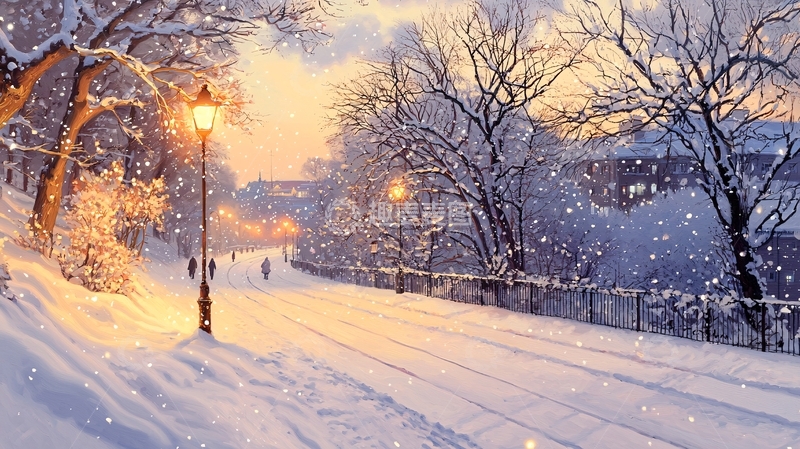 高清大图下载【趣麦麦图】雪夜路灯下的浪漫场景
