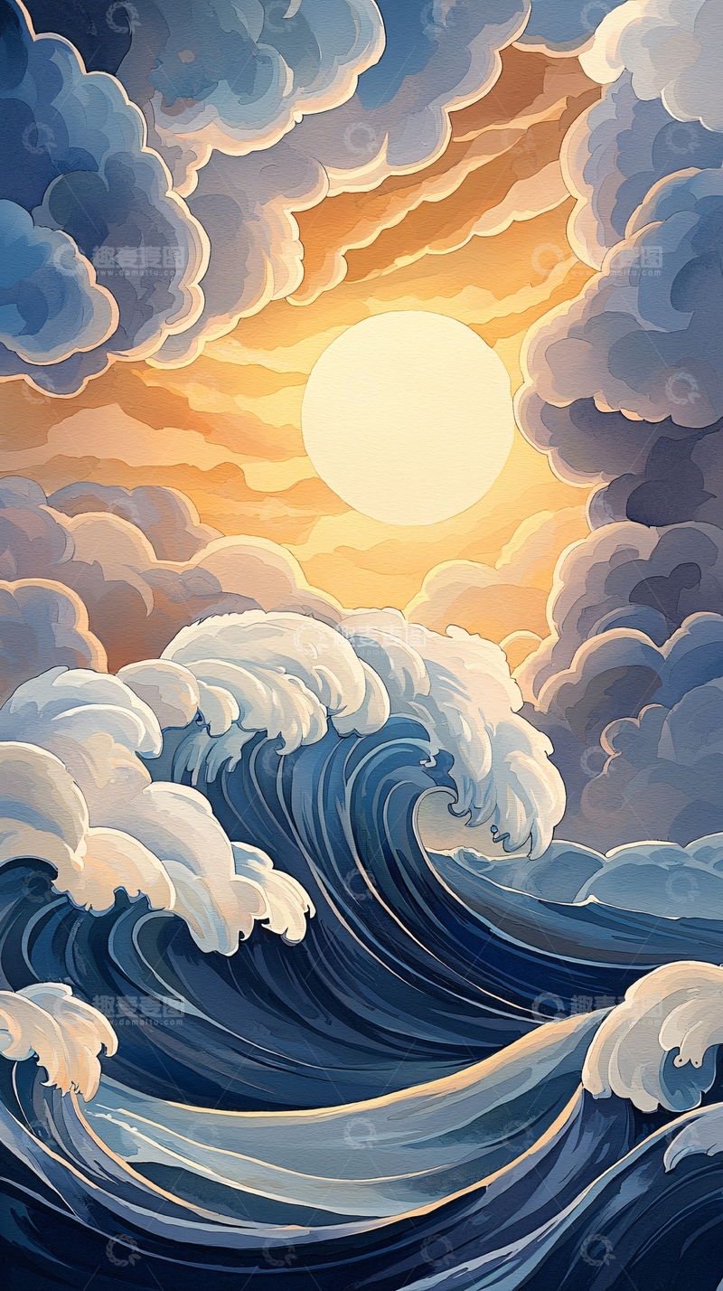 高清大图下载【趣麦麦图】波涛汹涌的海洋日落