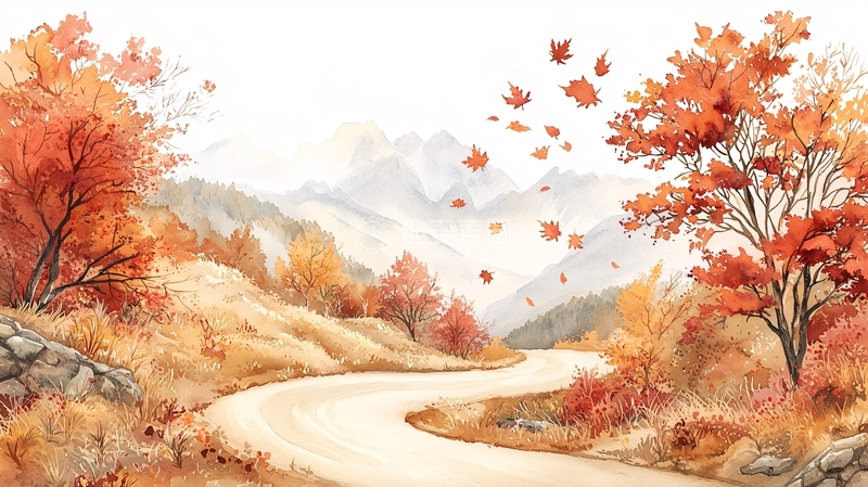 高清大图下载【趣麦麦图】秋日山间风景水彩画