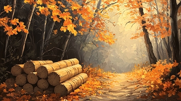 秋季森林小路木桩阳光