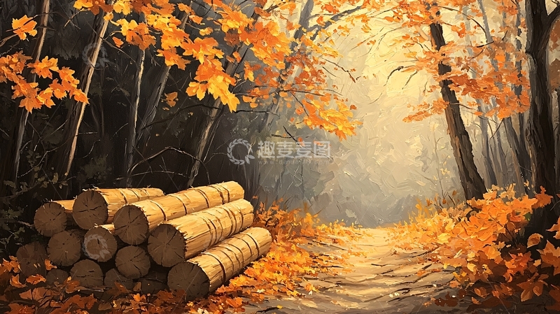 高清大图下载【趣麦麦图】秋季森林小路木桩阳光