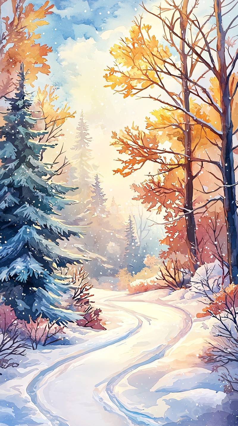 高清大图下载【趣麦麦图】冬日雪景水彩画