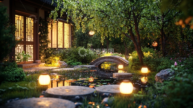 高清大图下载【趣麦麦图】宁静的日式花园夜景