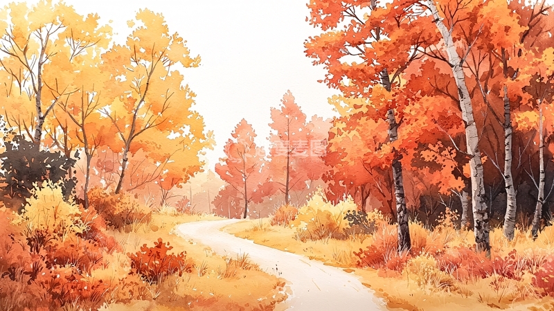 高清大图下载【趣麦麦图】秋日森林小路水彩画
