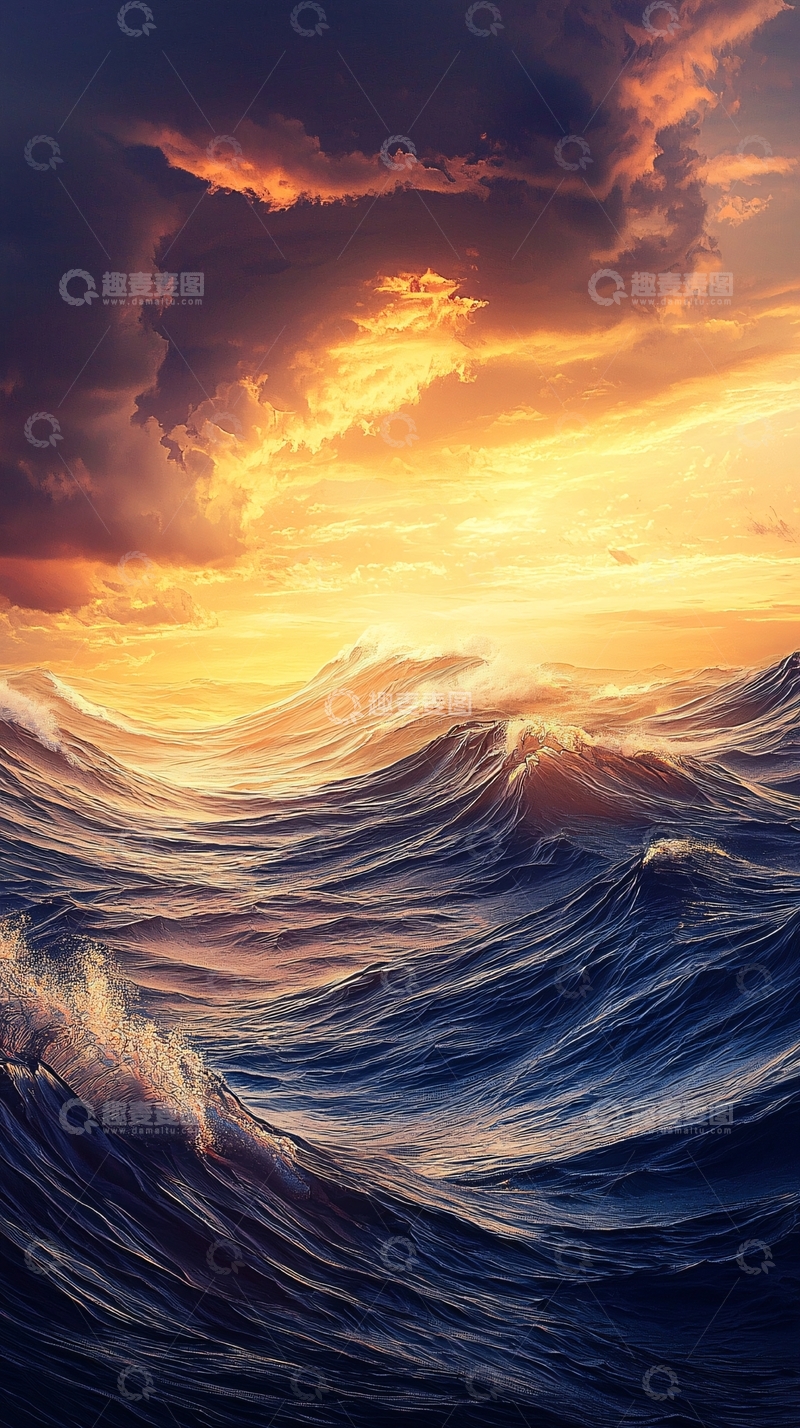 高清大图下载【趣麦麦图】波涛汹涌的海洋日落