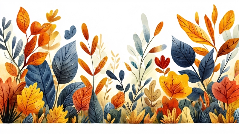 高清大图下载【趣麦麦图】秋季彩色树叶植物水彩风格背景