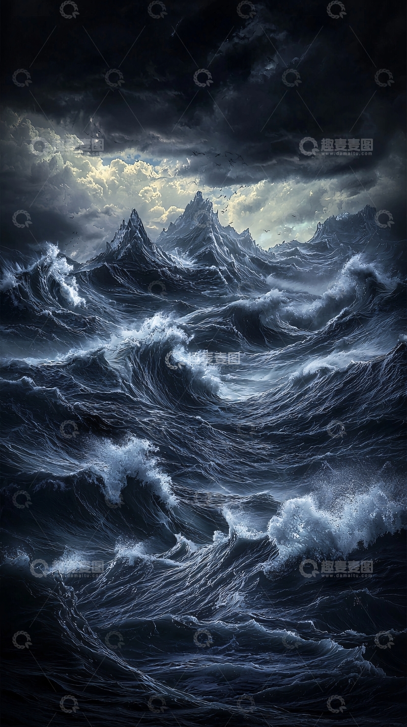 高清大图下载【趣麦麦图】波涛汹涌的海面山峰耸立