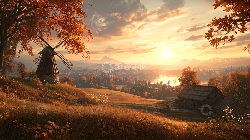 高清大图下载【趣麦麦图】秋日田园风光日落景色
