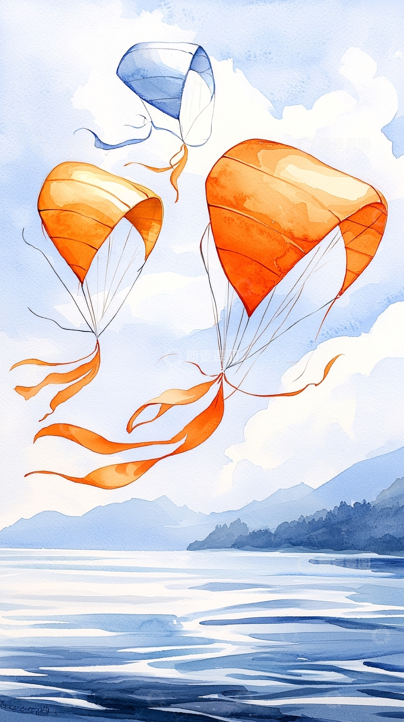 高清大图下载【趣麦麦图】水彩风筝在空中飞舞