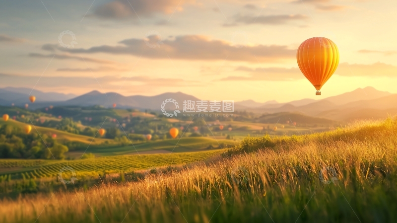高清大图下载【趣麦麦图】金色阳光下的热气球风景