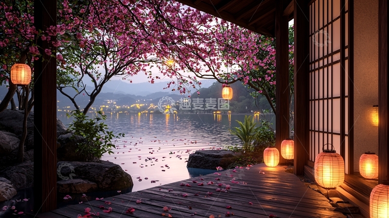 高清大图下载【趣麦麦图】樱花树下的日式庭院景色