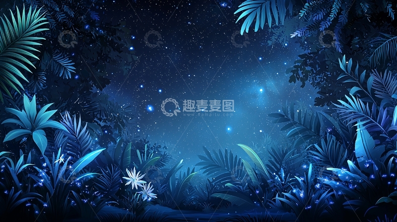 高清大图下载【趣麦麦图】蓝色梦幻热带植物夜景
