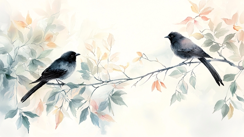 高清大图下载【趣麦麦图】两只鸟在树枝上对望