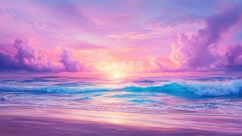 高清大图下载【趣麦麦图】粉紫色天空下的海景