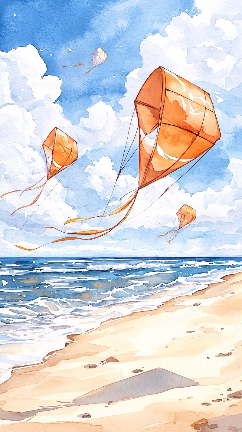 高清大图下载【趣麦麦图】海边风筝飞舞