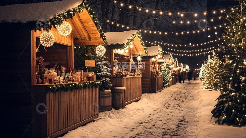 高清大图下载【趣麦麦图】夜晚圣诞集市的温馨氛围