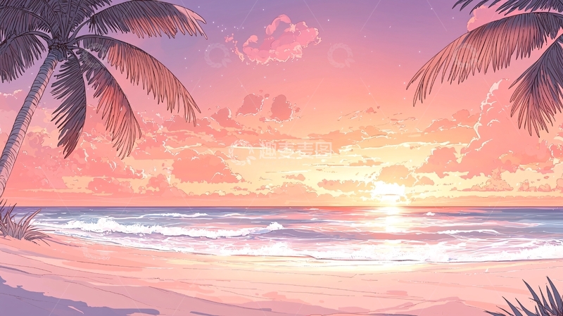 高清大图下载【趣麦麦图】海边日落粉色唯美天空
