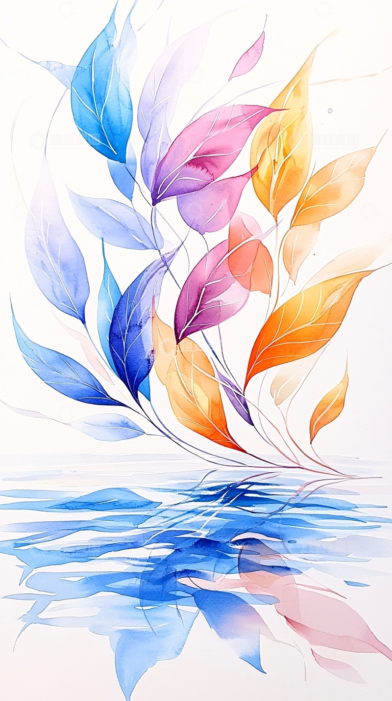 高清大图下载【趣麦麦图】水彩风格的彩色树叶