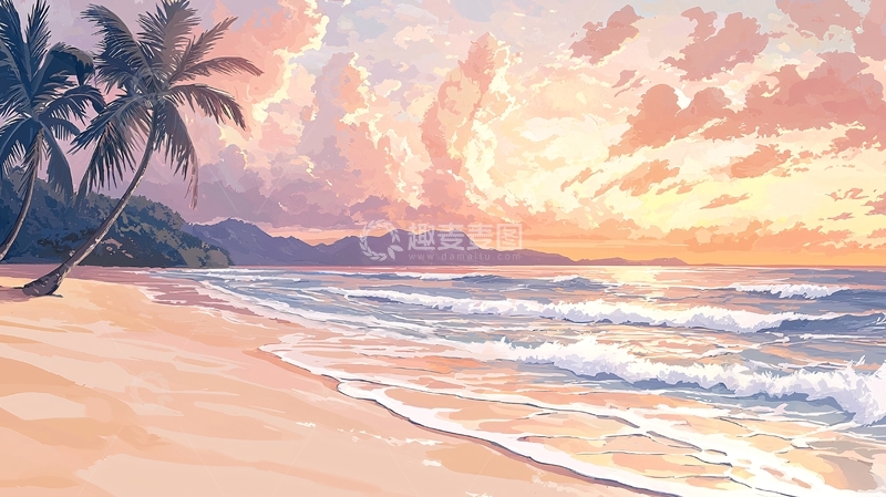 高清大图下载【趣麦麦图】热带海滩粉色天空