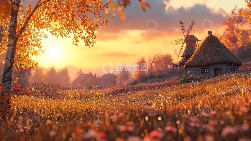高清大图下载【趣麦麦图】金色田野小屋风车