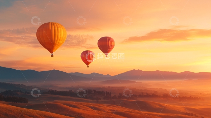 高清大图下载【趣麦麦图】热气球飞跃山脉日落
