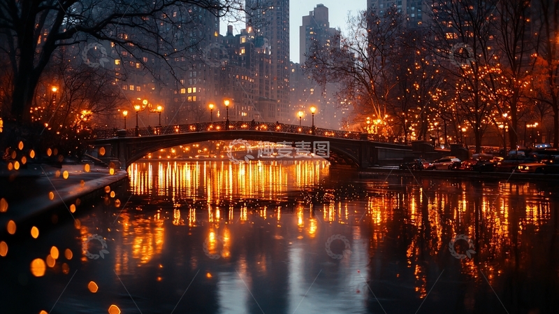 高清大图下载【趣麦麦图】夜间城市公园灯光倒影