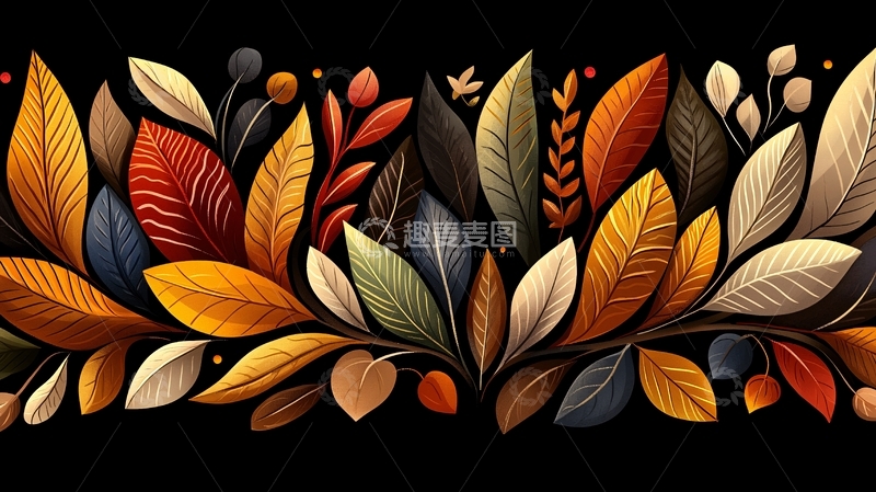 高清大图下载【趣麦麦图】彩色叶片在黑色背景上的抽象图案