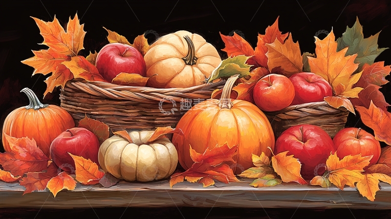 高清大图下载【趣麦麦图】秋季丰收的苹果南瓜