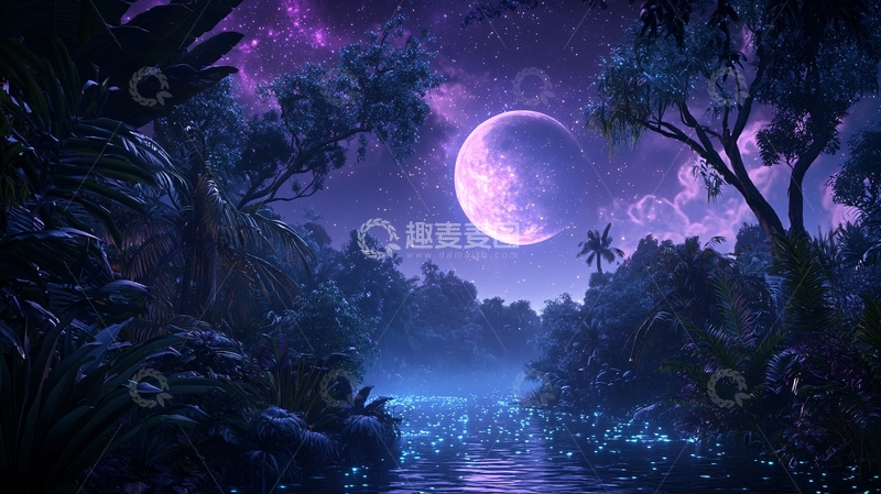 高清大图下载【趣麦麦图】月夜森林小路唯美氛围