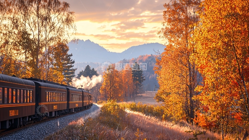 高清大图下载【趣麦麦图】秋日列车行驶风景