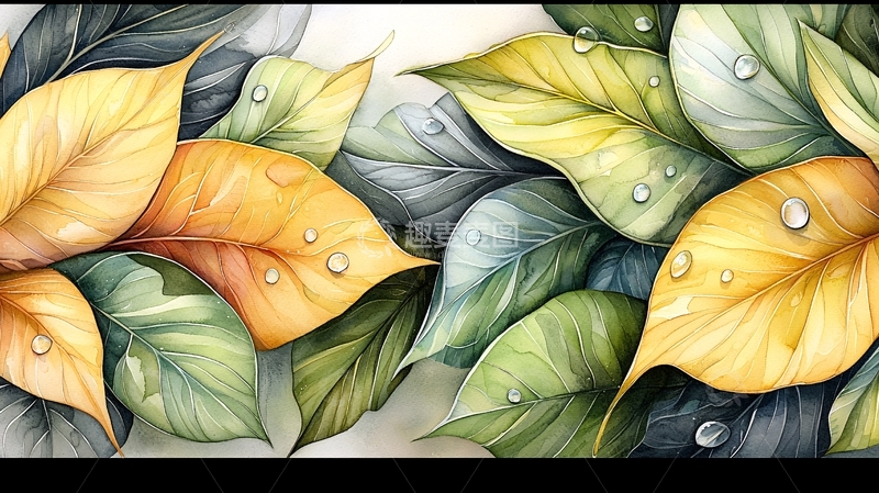高清大图下载【趣麦麦图】水滴叶子堆叠特写