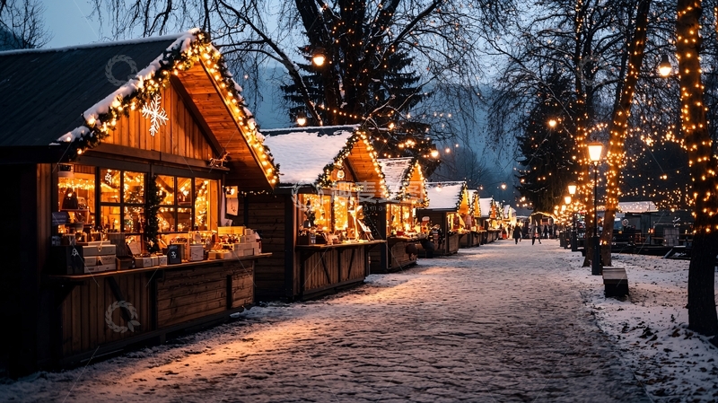 高清大图下载【趣麦麦图】圣诞市场小木屋夜景
