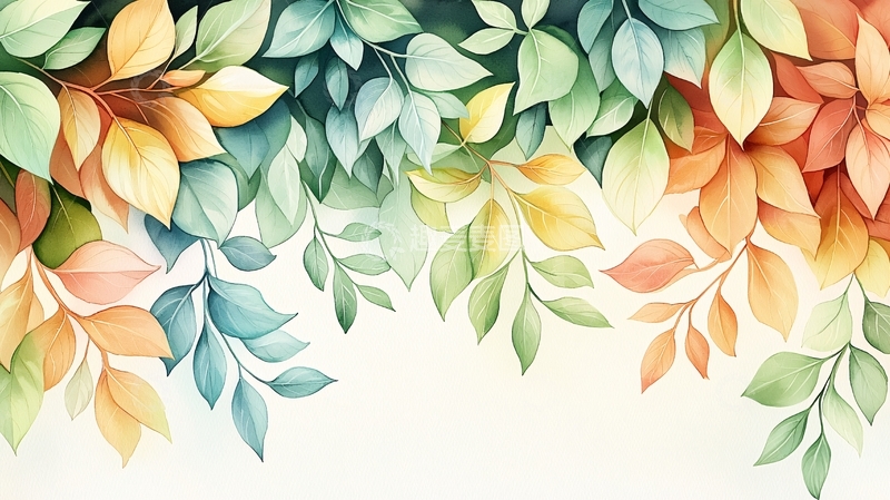 高清大图下载【趣麦麦图】彩色叶子水彩画风