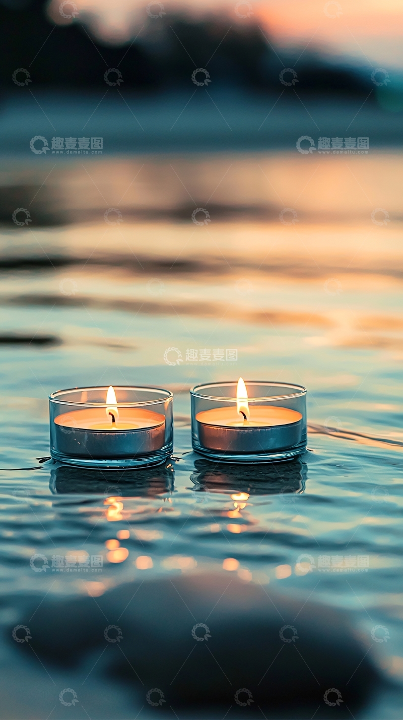 高清大图下载【趣麦麦图】海滩上两盏小蜡烛