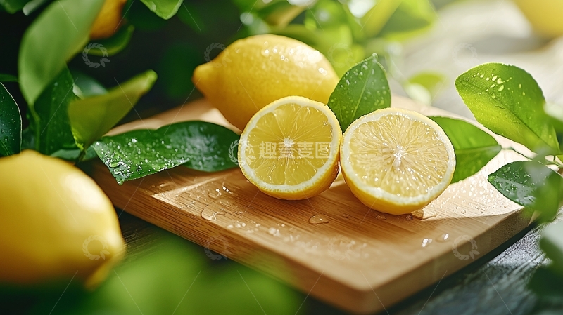 高清大图下载【趣麦麦图】新鲜柠檬切片与绿叶