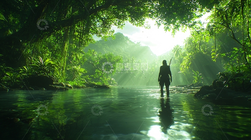 高清大图下载【趣麦麦图】丛林探险者逆光剪影