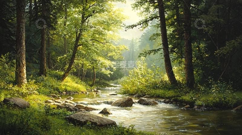 高清大图下载【趣麦麦图】绿色森林小溪光线交错