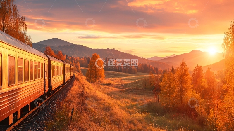 高清大图下载【趣麦麦图】金色夕阳下的火车旅行