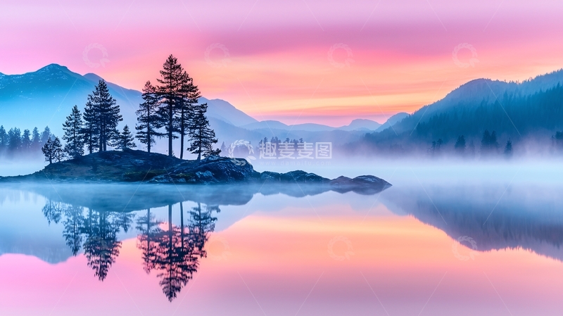高清大图下载【趣麦麦图】粉色天空下的湖光山色