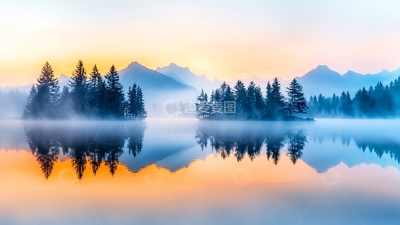 高清大图下载【趣麦麦图】宁静湖面上的森林倒影