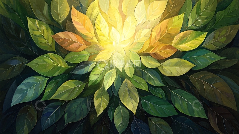 高清大图下载【趣麦麦图】绿叶围绕的中心光芒