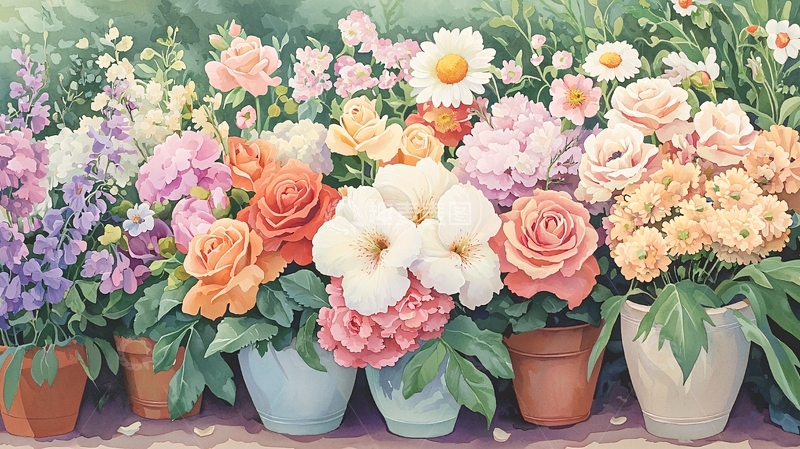 高清大图下载【趣麦麦图】鲜花盆栽水彩风格